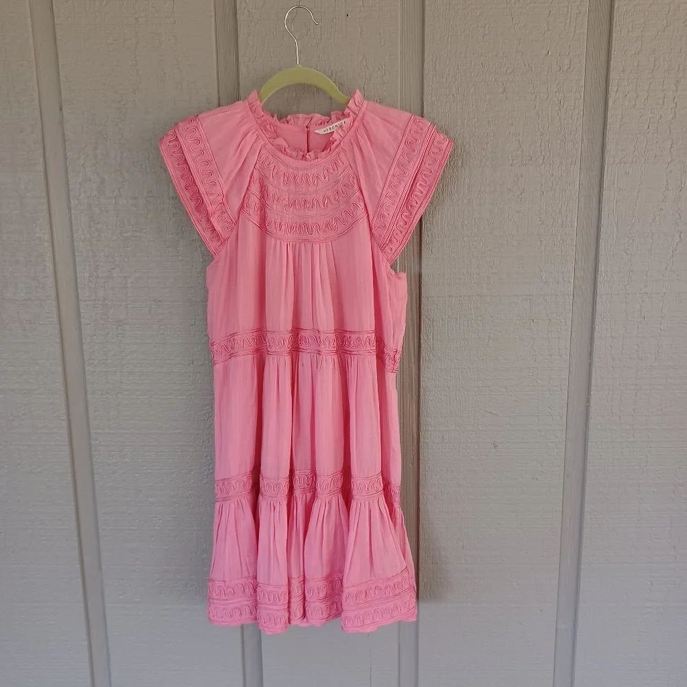 Veronica Beard Keely Tiered Mini Dress Size 4 Women Preppy Ramie In Dark Peony